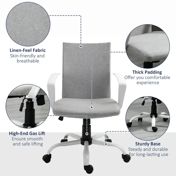 Buy Office Chair Linen Swivel Computer Desk Chair Home Study Task Chair with Wheels, Arm, Adjustable Height, Light Grey, 7 image
