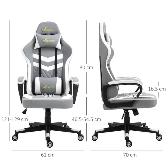 Buy Gaming Chair, Computer Desk Chair with Lumbar Support, Faux Leather Racing Chair with Headrest and Swivel Wheels for Home Office, Grey White, Colour: Grey, 3 image