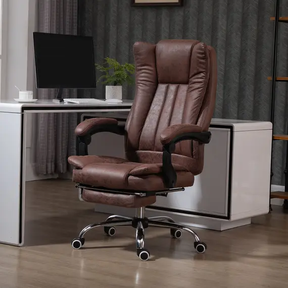 Buy Home Office Chair Microfibre Desk Chair with Reclining Function Armrests Swivel Wheels Footrest Brown, 2 image