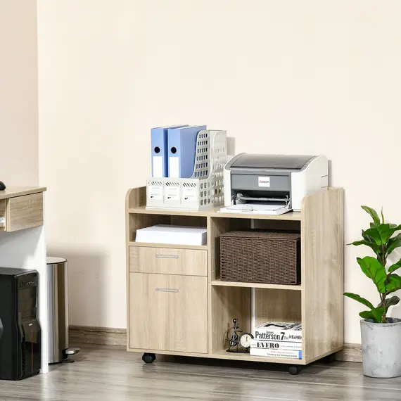 Buy Multipurpose Filing Cabinet, Printer Stand with 2 Drawers, Open Adjustable Storage Shelves for Home Office, Living Room, File Cabinet with Hanging Bar for A4, Letter Size, Oak, 2 image