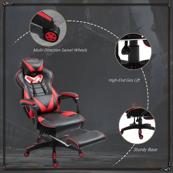Buy Computer Gaming Chair, Racing Desk Chair with Lumbar Support and Footrest, PU Leather Gamer Chair with Headrest and Swivel Wheels for Home, Red, Colour: Red, 8 image