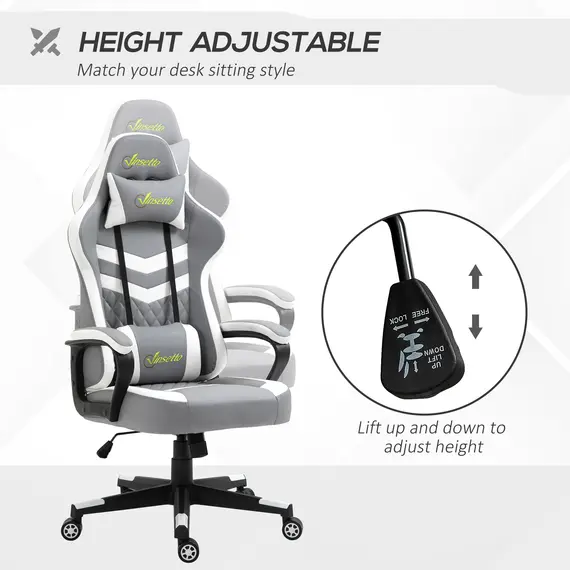 Buy Gaming Chair, Computer Desk Chair with Lumbar Support, Faux Leather Racing Chair with Headrest and Swivel Wheels for Home Office, Grey White, Colour: Grey, 4 image