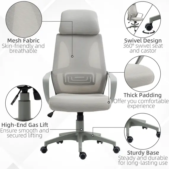 Buy Ergonomic Office Chair, High Back Computer Chair, Mesh Desk Chair with Lumbar Support, Headrest, Wheel, Adjustable Height, Grey, 8 image