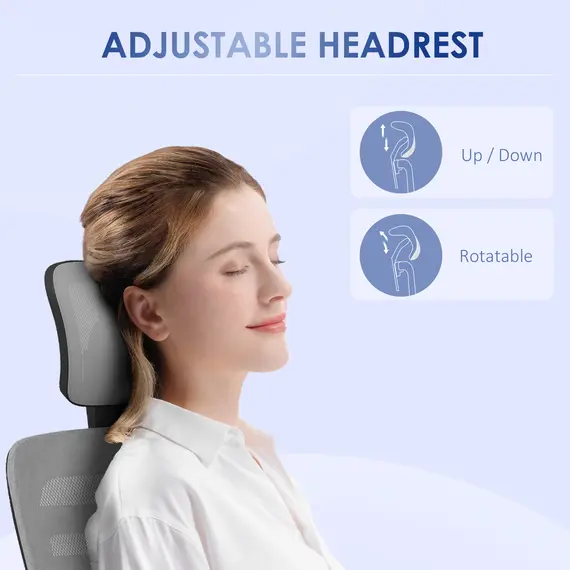 Buy Ergonomic Office Chair, Mesh Desk Chair with Rotatable Headrest, Lumbar Back Support, Armrest, Grey, 6 image