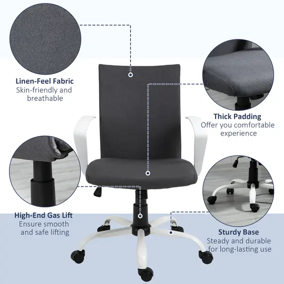 Buy Office Chair Linen Swivel Computer Desk Chair Home Study Task Chair with Wheels, Arm, Adjustable Height, Dark Grey, 7 image