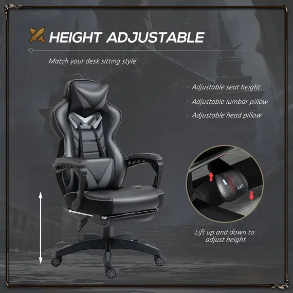 Buy Computer Gaming Chair, Racing Desk Chair with Lumbar Support and Footrest, PU Leather Gamer Chair with Headrest and Swivel Wheels for Home, Grey, 4 image