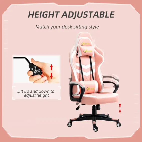 Buy Gaming Chair, Computer Desk Chair with Lumbar Support, Faux Leather Racing Chair with Headrest and Swivel Wheels for Home Office, Pink, 4 image