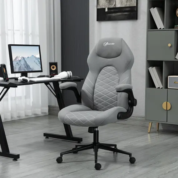 Buy Home Office Desk Chair, Computer Chair with Flip Up Armrests, Swivel Seat and Tilt Function, Light Grey, 2 image