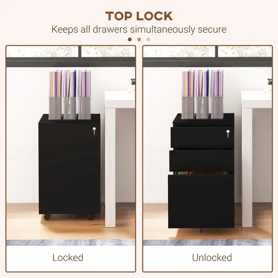 Buy 3-Drawer Vertical Filing Cabinet with Pencil Tray, Lock and 5 Wheels, Steel Mobile File Cabinet, for A4, Legal and Letter Size, Pre-Assembled Body, Black, 6 image