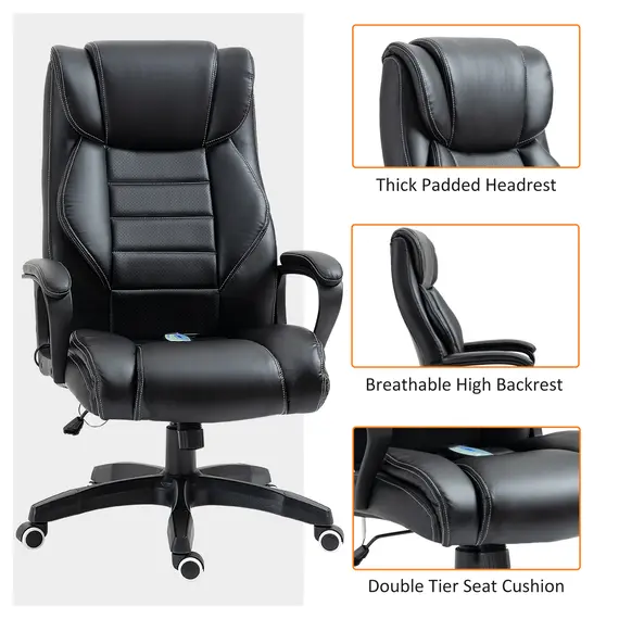 Buy High Back Executive Office Chair 6- Point Vibration Massage Extra Padded Swivel Ergonomic Tilt Desk Seat, Black, 6 image