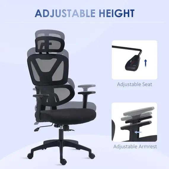 Buy Mesh Office Chair, Height Adjustable Desk Chair with Lumbar Support, Swivel Wheels and Adjustable Headrest, Black, 7 image
