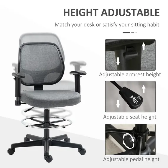 Buy Drafting Chair, Fabric Office Chair, Ergonomic Painting Chair with Height Armrest Adjustable and Foot Ring, 360° Swivel Stool Chair for Standing Desk, Grey, 4 image