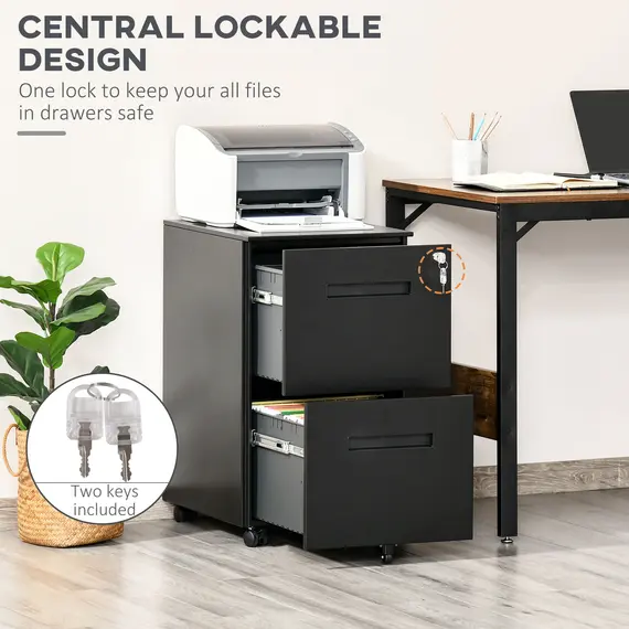 Buy Metal Mobile File Cabinet with Wheels, Lockable 2 Drawer Filing Cabinet for A4, Legal, Letter, Compact Under Desk Storage Unit with Pre-Assembled Body for Home Office, 39 x 48 x 67cm, Black, 4 image