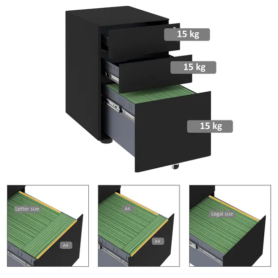 Buy Lockable Cabinet, Rolling Filing Cabinet with 3 Drawers, Steel Office Drawer Unit for A4, Letter, Legal Sized Files, 8 image