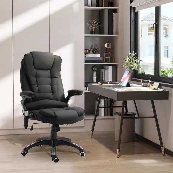Buy Massage Recliner Chair Heated Office Chair with Six Massage Points Linen-Feel Fabric 360° Swivel Wheels Black, 2 image