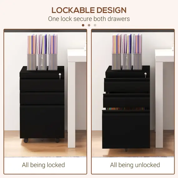 Buy 3-Drawer Filing Cabinet with Lock, Mobile Steel File Cabinet for A4, Legal and Letter Size, Under Desk Drawers with Pre-Assembled Body for Home Office, 37 x 43.5 x 60 cm, Black, 6 image