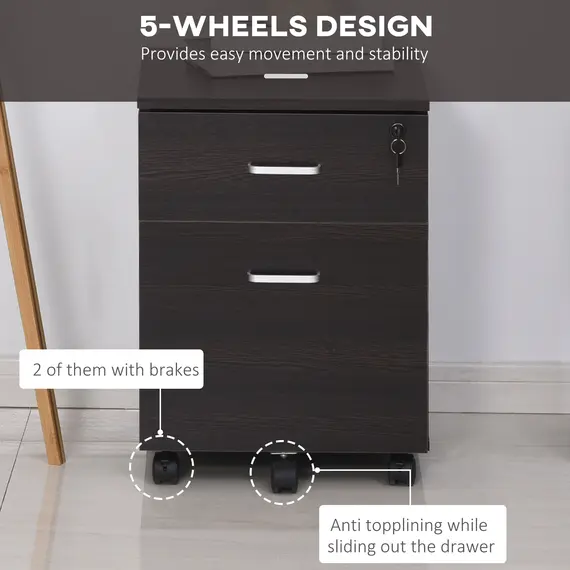 Buy 2-Drawer Locking Office Filing Cabinet w/ 5 Wheels Rolling Storage Hanging Legal Letter Files Cupboard Home Organisation Black Wood Grain, 7 image