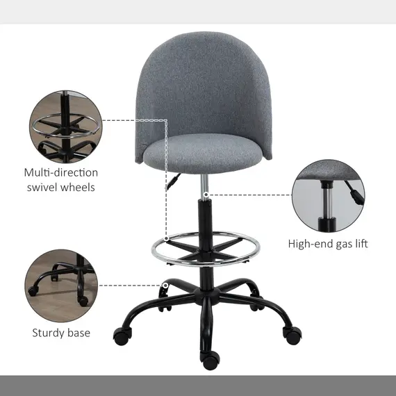 Buy Ergonomic Drafting chair Adjustable Height w/ 5 Wheels Padded Seat Footrest 360° Swivel Freely Comfortable Versatile Use For Home Office - Grey, 6 image
