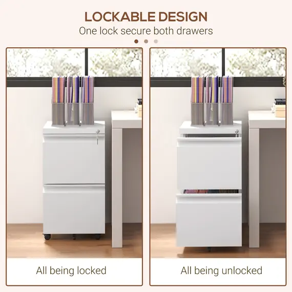 Buy 2-Drawer Mobile Filing Cabinet, Steel Lockable File Cabinet for Letter, A4 and Legal Size, Pre-Assembled Body, White, 6 image