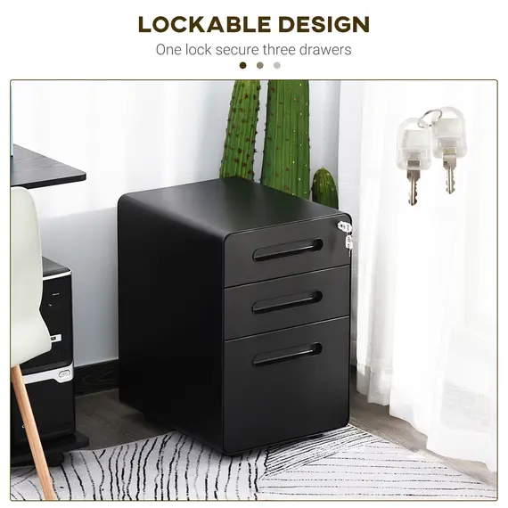 Buy Lockable File Cabinet with 3 Drawers, Vertical Office Drawer for A4, Letter, Legal Size, Anti-tilt Design, Pre-Assembled Body, Black, 4 image