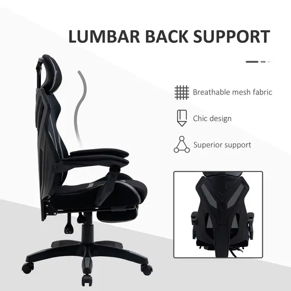 Buy Mesh Office Chair Desk Task Computer Recliner with Footrest, Lumbar Back Support, Swivel Wheels, Adjustable Height for Home, Black Grey, 6 image