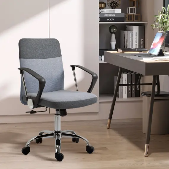 Buy Office Chair Linen Fabric Swivel Computer Desk Chair Home Study Adjustable Chair with Wheels, Grey, 2 image
