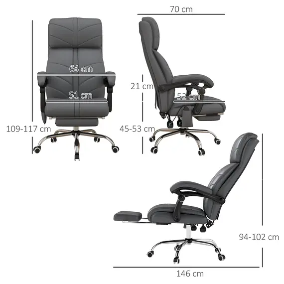 Buy High Back Vibration Massage Office Chair, Heated Reclining PU Leather Computer Chair with Footrest, Grey, 3 image