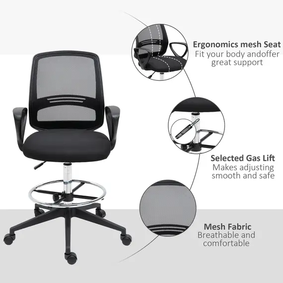 Buy Ergonomic Mesh Back Drafting Chair, Tall Office Chair, Draughtsman Chair with Adjustable Height and Footrest 360° Swivel, Set of 5, 8 image
