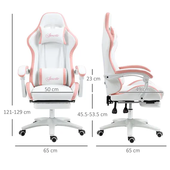 Buy Computer Gaming Chair, PU Leather Desk Chair with Footrest, Swivel Task Chair with 135° Reclining Back and Lumbar Support, PC Chair for Adults, White and Pink, 3 image