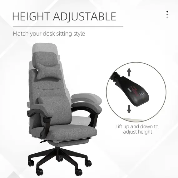 Buy Linen-Look Office Chair, with 160° Reclining Back and Footrest - Grey, 4 image