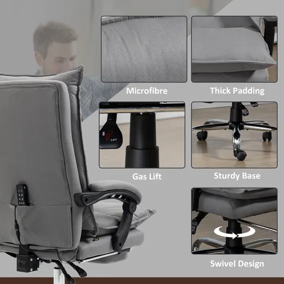 Buy Massage Office Chair with Footrest, Desk Chair with 6 Point Massage and Heat, 155° Reclining Back for Home, Thick Padding, Grey, 8 image