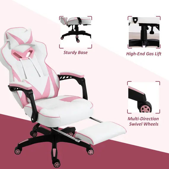 Buy Computer Gaming Chair, Racing Desk Chair with Lumbar Support and Footrest, PU Leather Gamer Chair with Headrest and Swivel Wheels for Home, Pink, 7 image