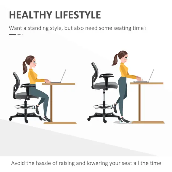 Buy Drafting Chair, Fabric Office Chair, Ergonomic Painting Chair with Height Armrest Adjustable and Foot Ring, 360° Swivel Stool Chair for Standing Desk, Grey, 5 image