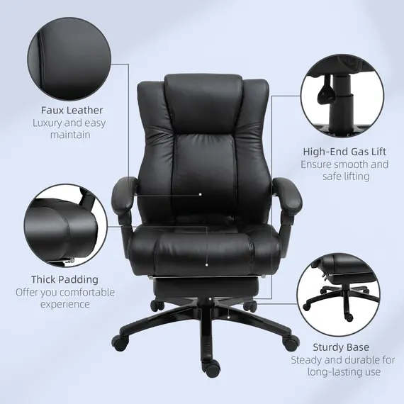 Buy Executive Office Chair for Home, PU Leather Computer Chair, Swivel Desk Chair with Footrest, Wheels, Adjustable Height, Black, 7 image