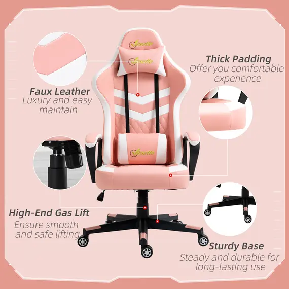 Buy Gaming Chair, Computer Desk Chair with Lumbar Support, Faux Leather Racing Chair with Headrest and Swivel Wheels for Home Office, Pink, 7 image