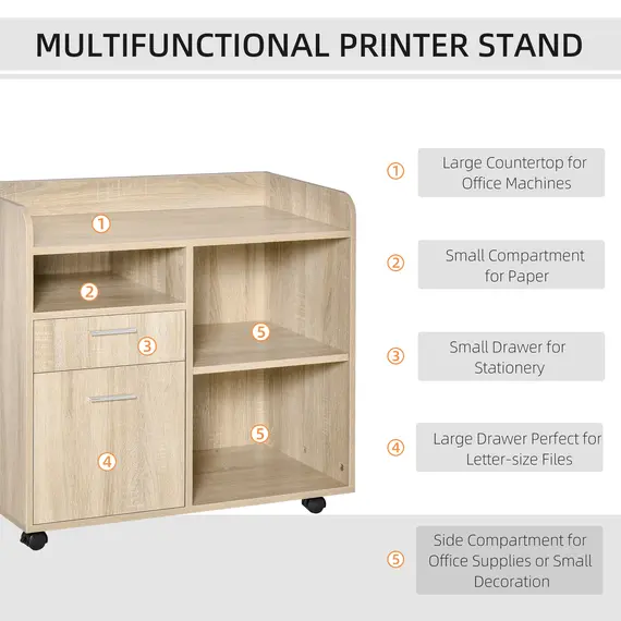 Buy Multipurpose Filing Cabinet, Printer Stand with 2 Drawers, Open Adjustable Storage Shelves for Home Office, Living Room, File Cabinet with Hanging Bar for A4, Letter Size, Oak, 8 image