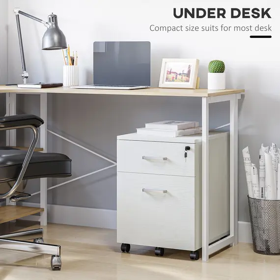 Buy 2-Drawer Locking Office Filing Cabinet w/ 5 Wheels Rolling Storage Hanging Legal Letter Files Cupboard Home Organisation White Wood Grain, 5 image