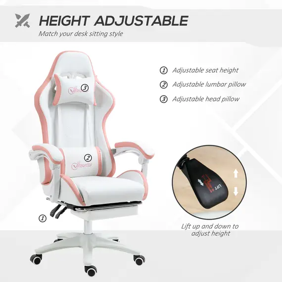 Buy Computer Gaming Chair, PU Leather Desk Chair with Footrest, Swivel Task Chair with 135° Reclining Back and Lumbar Support, PC Chair for Adults, White and Pink, 4 image