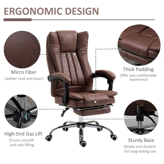 Buy Home Office Chair Microfibre Desk Chair with Reclining Function Armrests Swivel Wheels Footrest Brown, 7 image