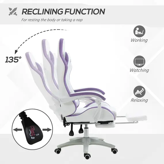 Buy Computer Gaming Chair, PU Leather Desk Chair with Footrest, Swivel Task Chair with 135° Reclining Back and Lumbar Support, PC Chair for Adults, White and Purple, 5 image