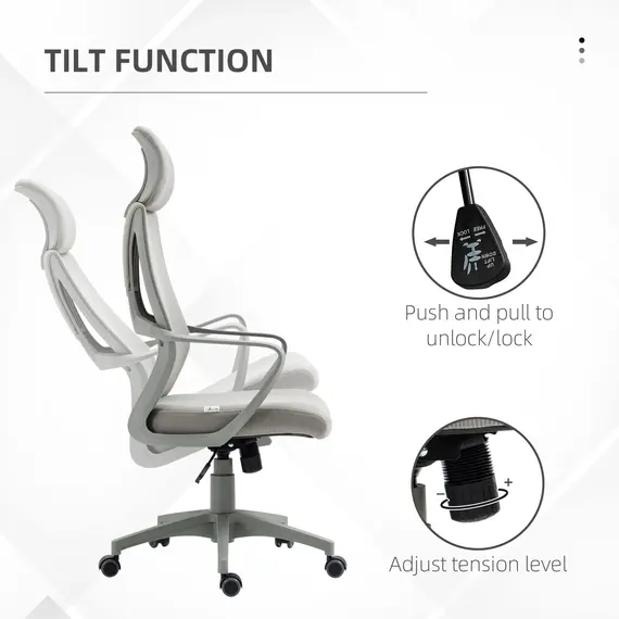 Buy Ergonomic Office Chair, High Back Computer Chair, Mesh Desk Chair with Lumbar Support, Headrest, Wheel, Adjustable Height, Grey, 5 image