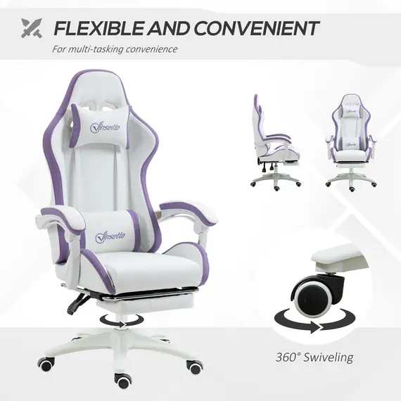 Buy Computer Gaming Chair, PU Leather Desk Chair with Footrest, Swivel Task Chair with 135° Reclining Back and Lumbar Support, PC Chair for Adults, White and Purple, 6 image