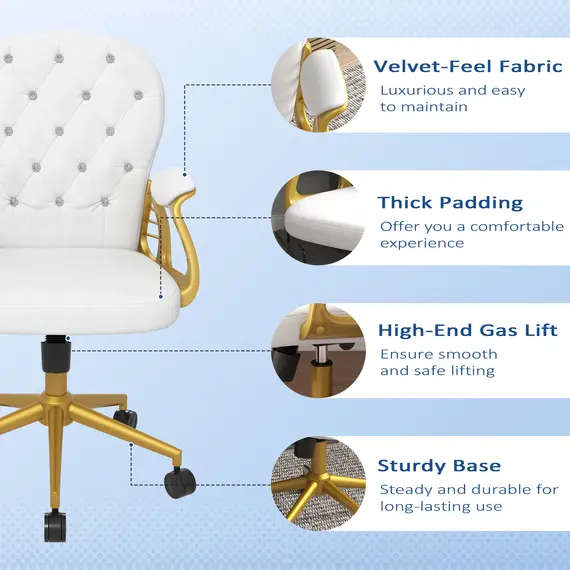 Buy Height Adjustable Home Office Chair, Button Tufted Computer Chair with Padded Armrests and Tilt Function, Cream White, 6 image