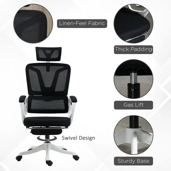 Buy Ergonomic Office Chair, High Back Desk Chair, Reclining Mesh Computer Chair with Adjustable Headrest, Lumbar Support, Foot Rest, Swivel Wheels, Adjustable Height, Black, 7 image