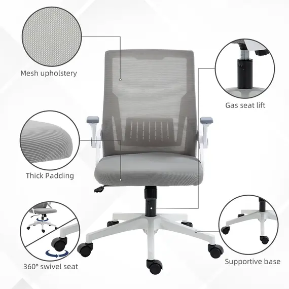 Buy Mesh Office Chair, Desk Chair with Lumbar Support, Flip-up Armrest, Swivel Wheels, Adjustable Height, Grey, 6 image