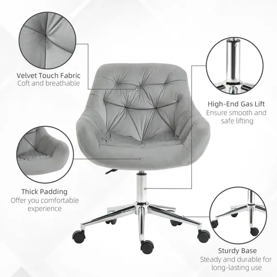 Buy Home Office Chair Velvet Ergonomic Computer Chair Comfy Desk Chair with Adjustable Height, Arm and Back Support, Grey, 6 image