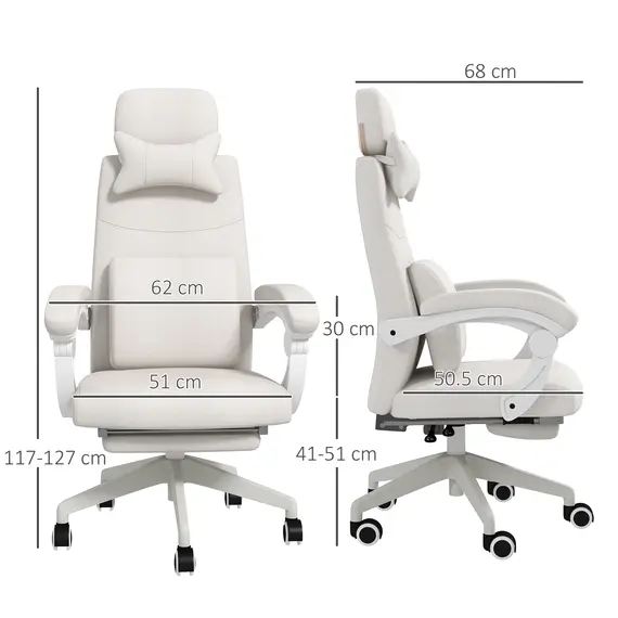 Buy Linen-Look Office Chair, with 160° Reclining Back and Footrest - White, 3 image
