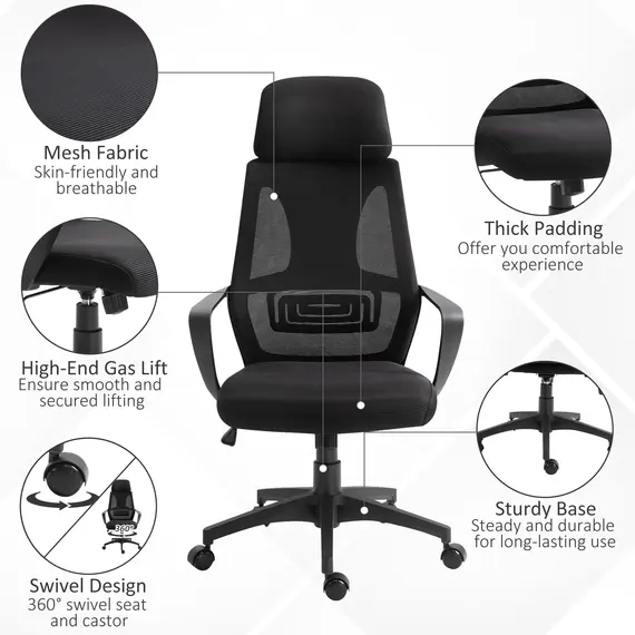 Buy Ergonomic Office Chair, High Back Computer Chair, Mesh Desk Chair with Lumbar Support, Headrest, Wheel, Adjustable Height, Black, 7 image