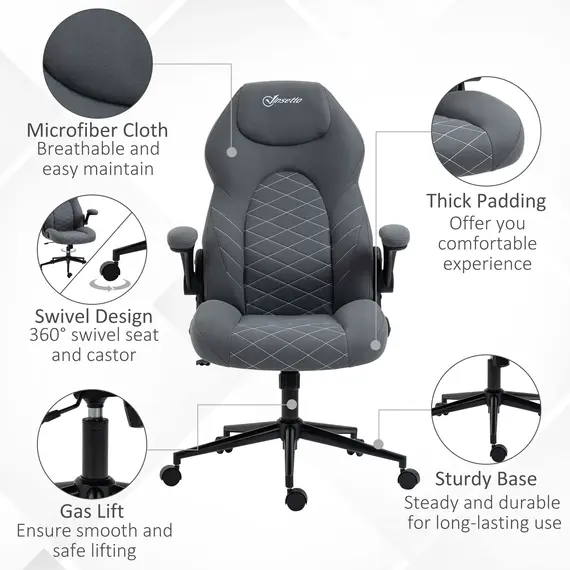 Buy Home Office Desk Chair, Computer Chair with Flip Up Armrests, Swivel Seat and Tilt Function, Dark Grey, 4 image