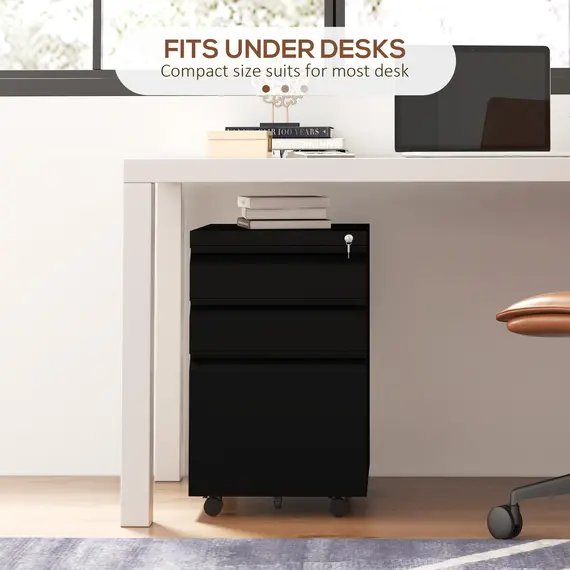Buy 3-Drawer Filing Cabinet with Lock, Mobile Steel File Cabinet for A4, Legal and Letter Size, Under Desk Drawers with Pre-Assembled Body for Home Office, 37 x 43.5 x 60 cm, Black, 8 image